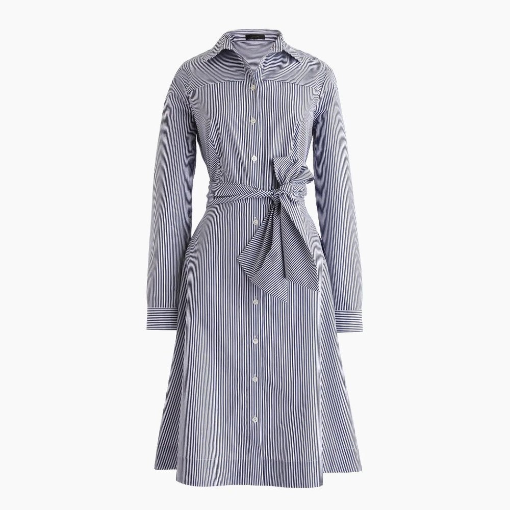 NWT J CREW, Navy Blue White Stripe Tie-Waist Shirt Dress, Size 00